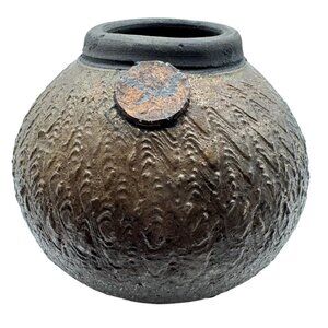 Signed Raku 4.5"Tall x 5" Round Vase Bowl w/ Applique 4.5"Tall x 5" Wide Beautif